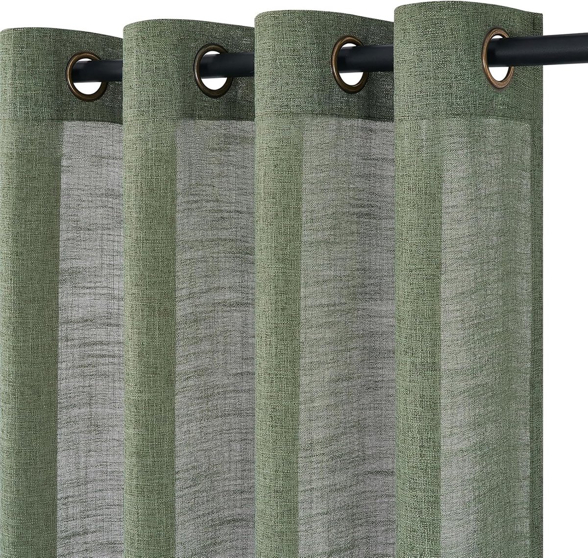 Linnenlook gordijnen met ingestanste ringen, half-transparant, woonkamer, groen, linnen gordijn, set van 2 (h x b) 245 x 140 cm, zacht en dun linnen gordijn, linnen gordijnen voor slaapkamer