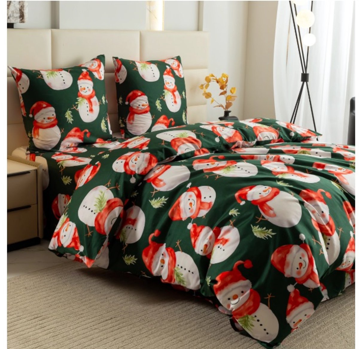 Kerst beddengoed van synthetisch katoen, met sneeuwpoppen - 140 cm x 200 cm + één kussenslop van 70 cm x 80 cm - Merry Christmas - Kers - Dekbedovertrek - PGJ-27