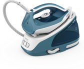 Tefal stoomgenerator in petrolblauw en wit, met een waterreservoir van 1.7L.