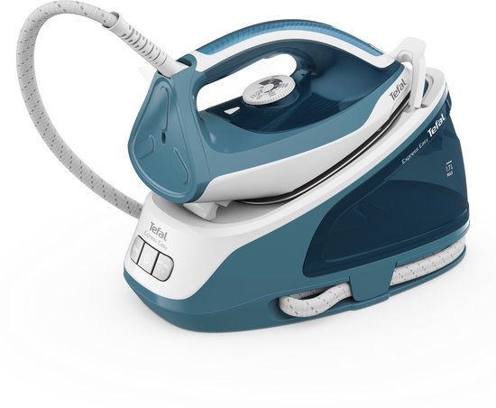 Tefal stoomgenerator in petrolblauw en wit, met een waterreservoir van 1.7L.