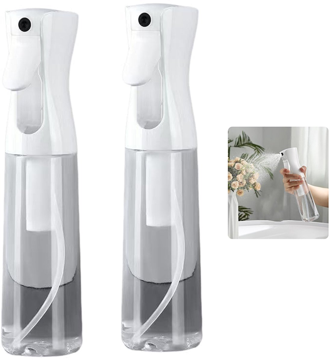 2-stuks Continu spuitfles - Stylingsprayfles - Ultrafijne sprayfles - Fijne nevelverstuiver - Sprayfles - 24*6 cm - 300 ml - Geschikt voor styling, huisdieren, planten, haarverzorging, enz. - Wit, transparant
