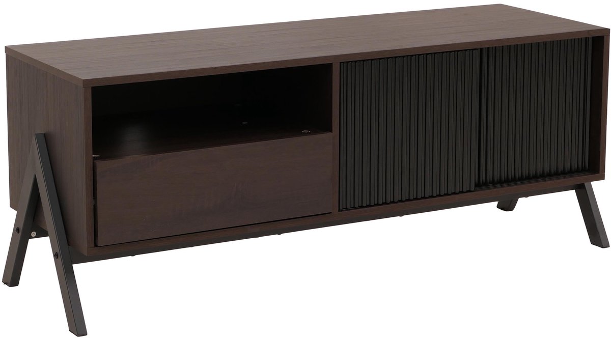 MCW TV-rek MCW-O40, lowboard tv-kast schuifdeur opbergvakken lade, MDF metaal melamine 49x120x40cm ~ walnootlook