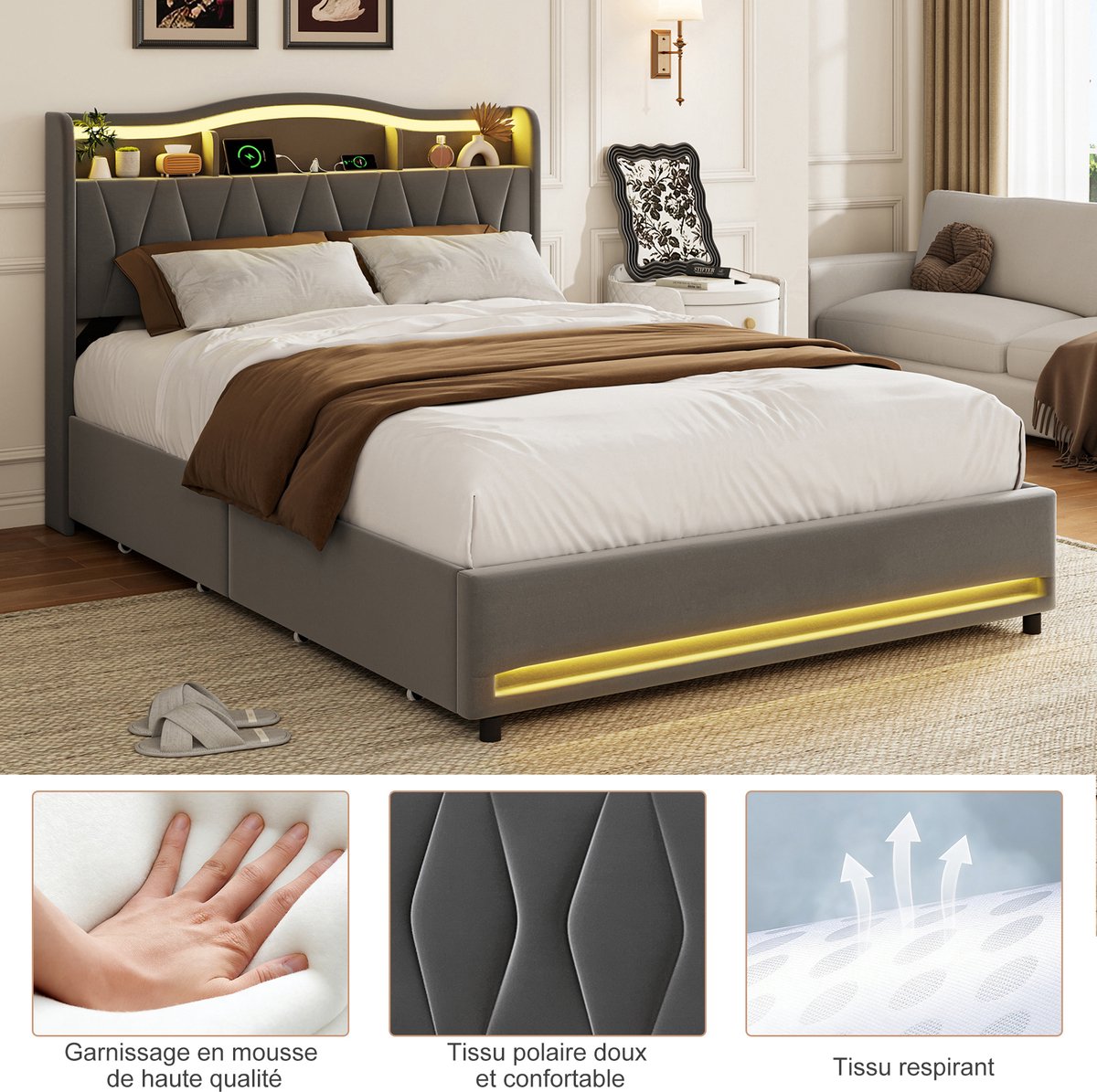 Grijs Fluwelen Opbergbed 140x200 cm met 4 Laden, USB-poorten, Opberghoofdbord en RGB LED-verlichting