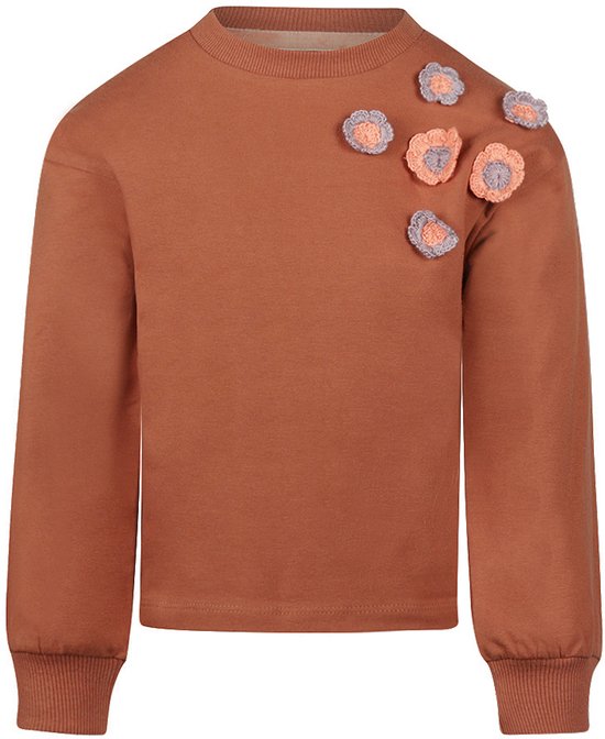Pull marron à manches longues, orné de fleurs crochetées pêche et gris sur l'épaule gauche.