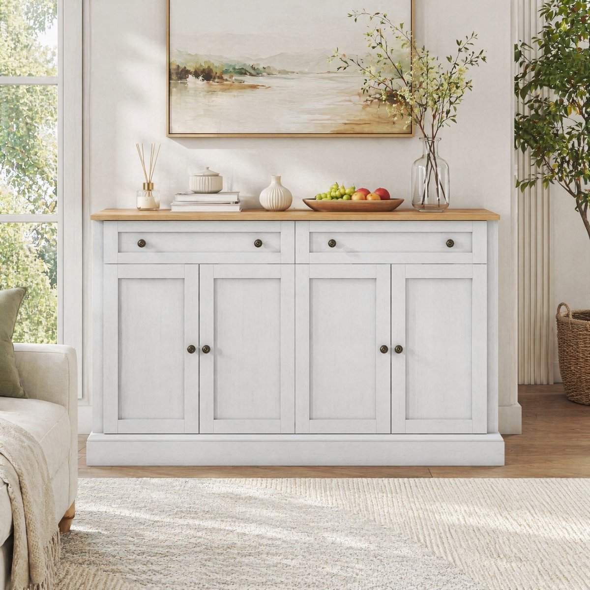 COVREO Buffetkast 150 x 40 x 86 cm - wit en naturel hout, 4 deuren en 2 lades