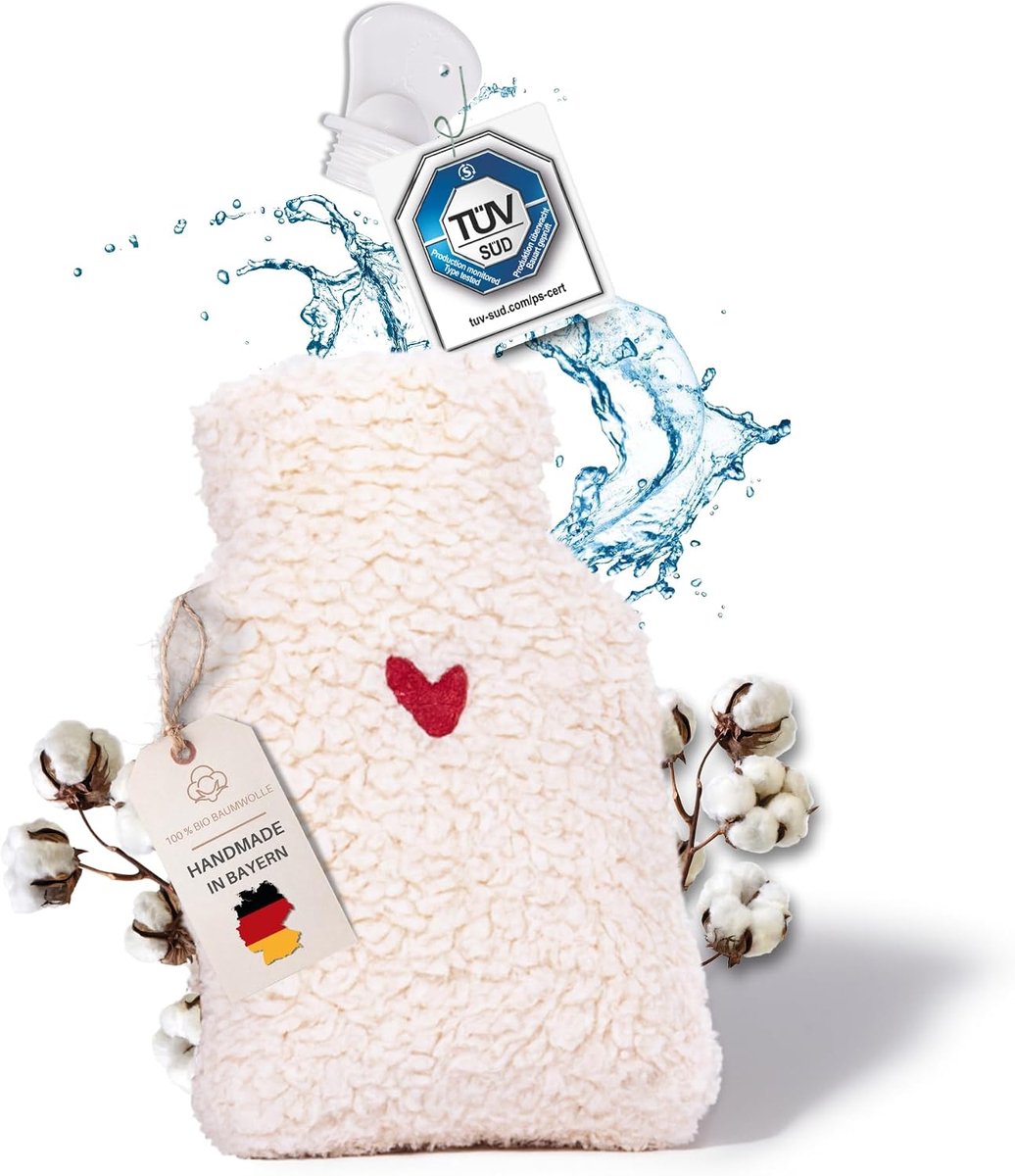 SnelShoppen - Cuddly TEDDY warmwaterkruik met superzachte organic katoen hoes, handgemaakt in Duitsland, lekvrij, geurloos, pijnverlichtend, 0.2 liter