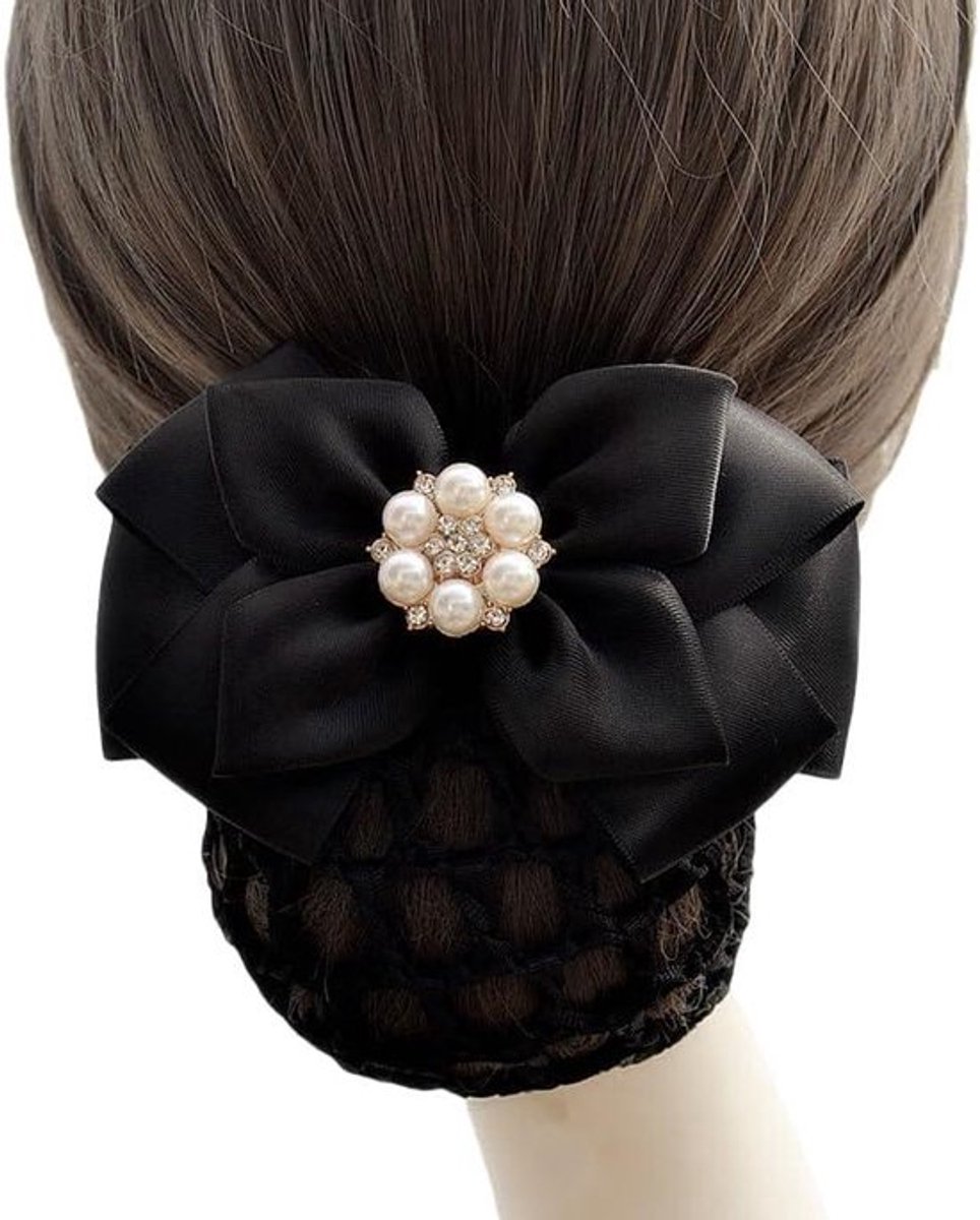 Strik haarsnood met strass parelbroodje en Franse haarspeldclips voor elegante haaraccessoires (zwart)