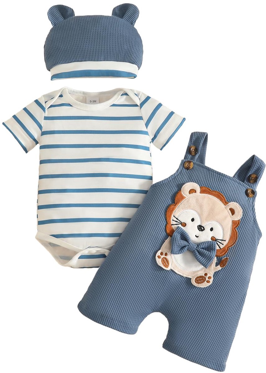 SnelShoppen - Babykleding Jongens Lange Mouwen Gestreept Dinosaurus Overall met Verstelbare Bretels en Korte Mouw Blauw Leeuw voor 3-6 Maanden