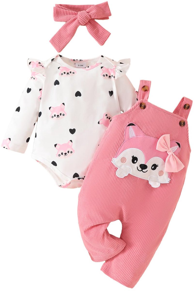 SnelShoppen - UUAISSO Baby meisjes kleding set bloemen tops body beer tuinbroek verstelbare overalls Roze vos 0-3 maanden schattige outfits voor feest