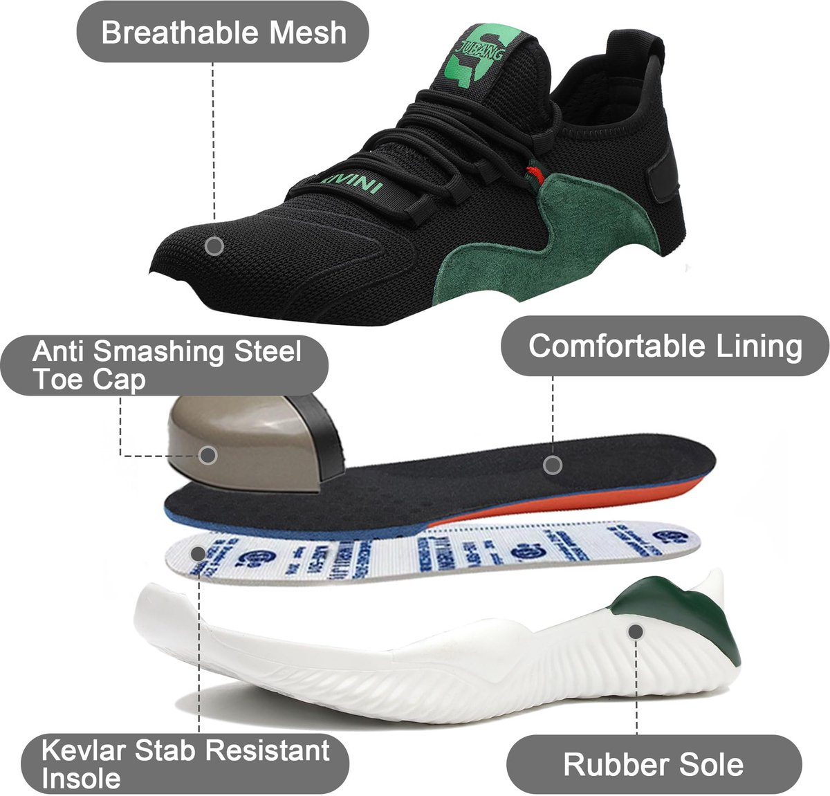 SnelShoppen - Veiligheidsschoenen Dames Lichtgewicht S3 Stalen Neus Werksneakers Antislip Keuken Wandelschoenen Zwart Groen Maat 38EU