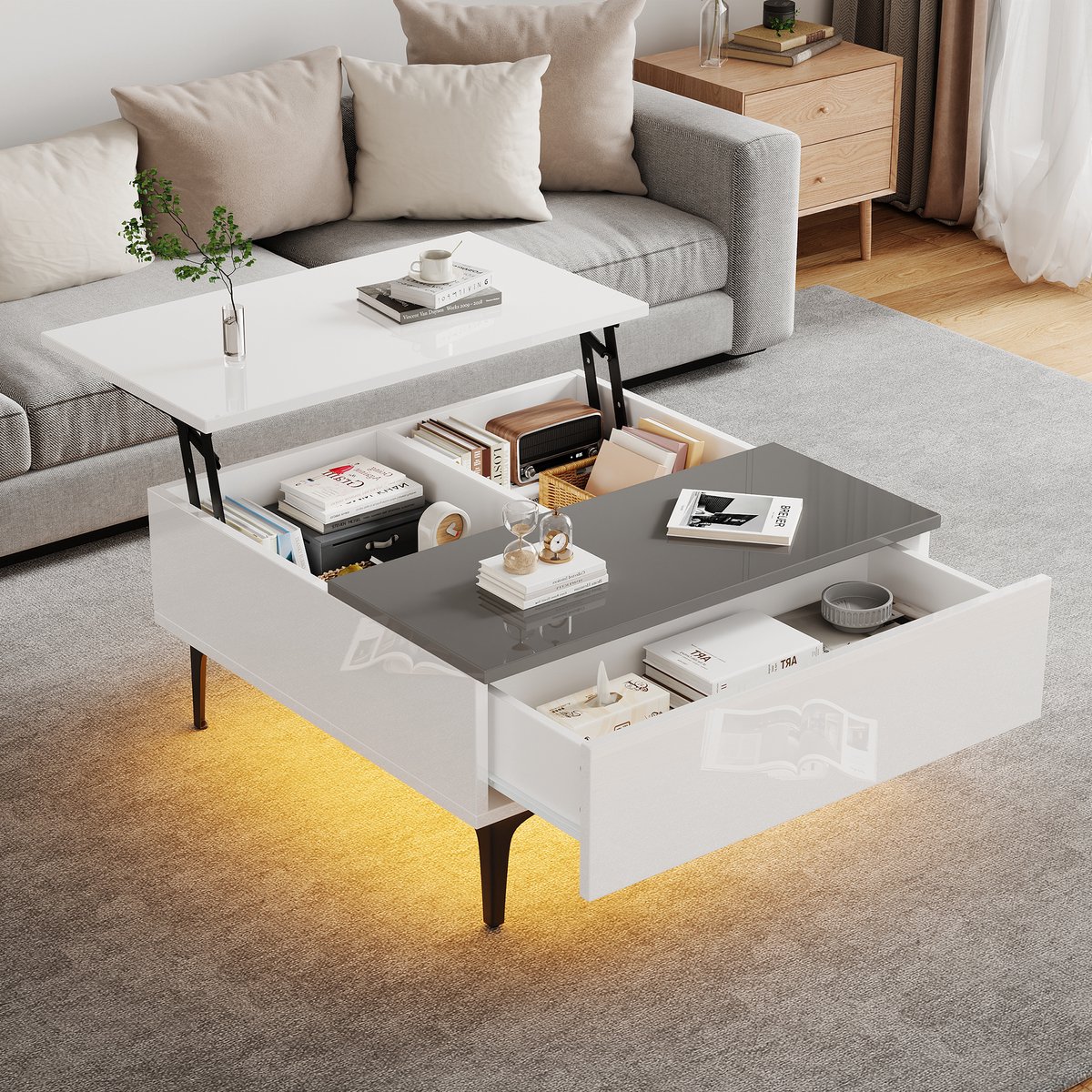COVREO Salontafel 70 x 70 x 35 cm - wit grijs hoogglans MDF, hoogteverstelbaar