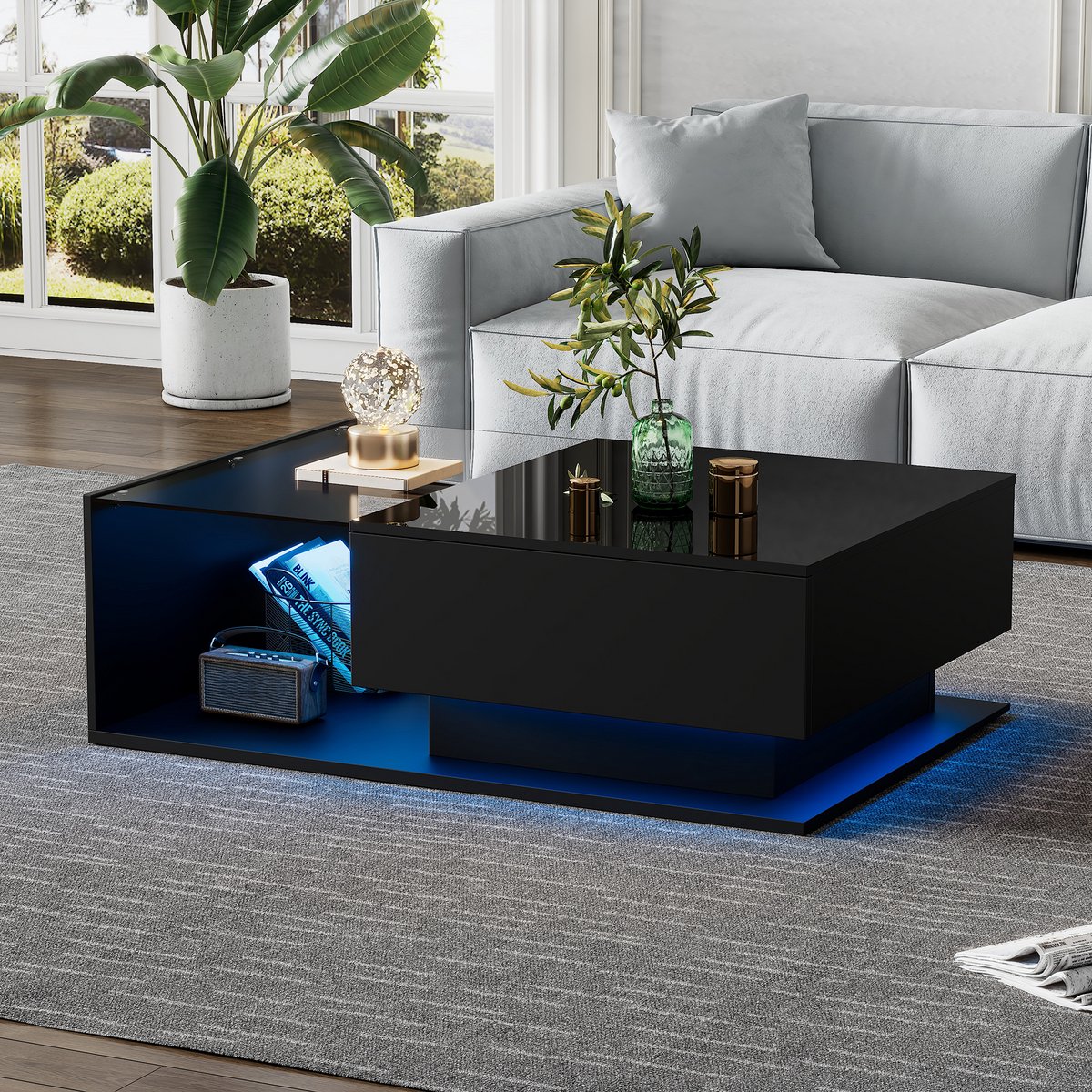 COVREO Salontafel 100x50x32 cm – hoogglans zwart met glasplaat, 1 lade en LED-verlichting