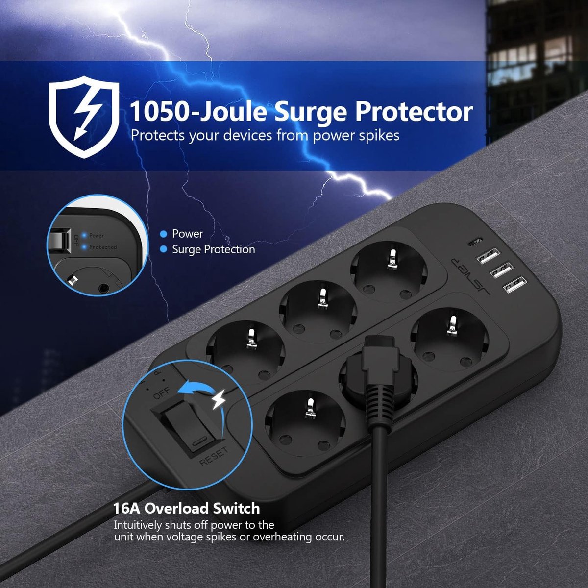 SnelShoppen - Power Strip Met Overspanningsbeveiliging 6-Weg Meerdere Stopcontacten 3680W 16A, 3 USB-A & 1 USB-C, Wandmontage, Thuis & Kantoor