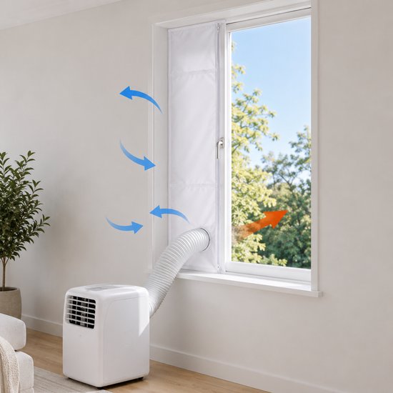 Mobiele airco met witte raamafdichting, weergeeft luchtstroming.