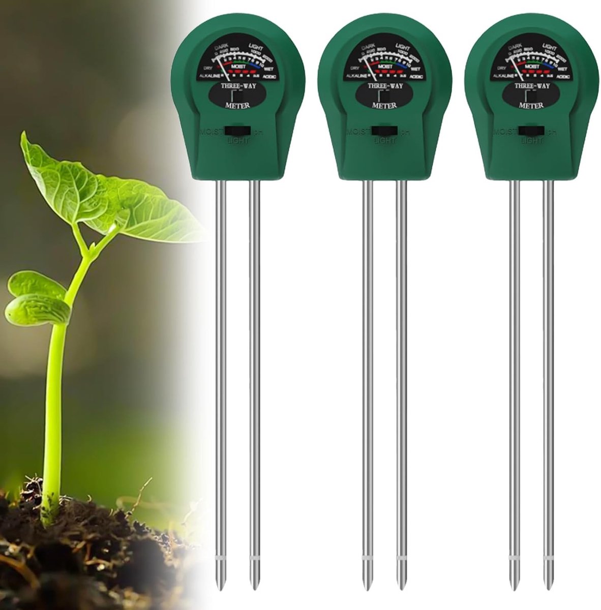 Set van 3 Bodemtesters voor Planten - Vochtigheidsmeter, pH- en Temperatuurmeter voor Tuin en Binnengebruik