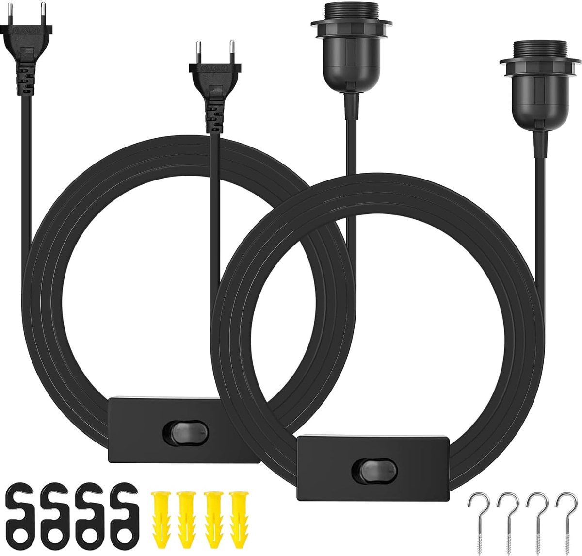 SnelShoppen - E27 Lamp Socket Pack van 2 met 6 m Kabel, Schakelaar en Stekker voor Hanglampen, Vloerlampen, DIY Projecten, Zwart