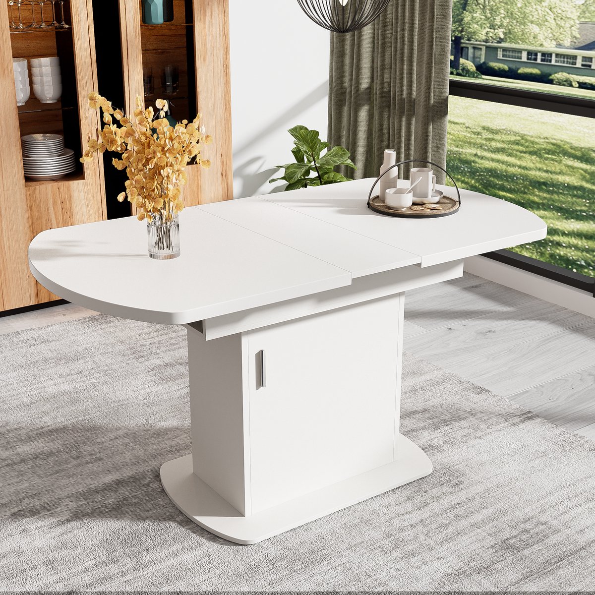 COVREO Eettafel 130x70x75 cm – uitschuifbaar, ovaal, wit met zilverkleurige greep en opbergruimte