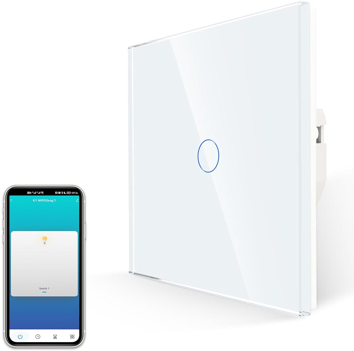 SnelShoppen - Smart Touch Light Switch, Geen Neutraal Aansluiting Nodig, Alexa en Google Home Compatibel, Witte Schroefloze Glasplaat, 1 Gang, Eenvoud