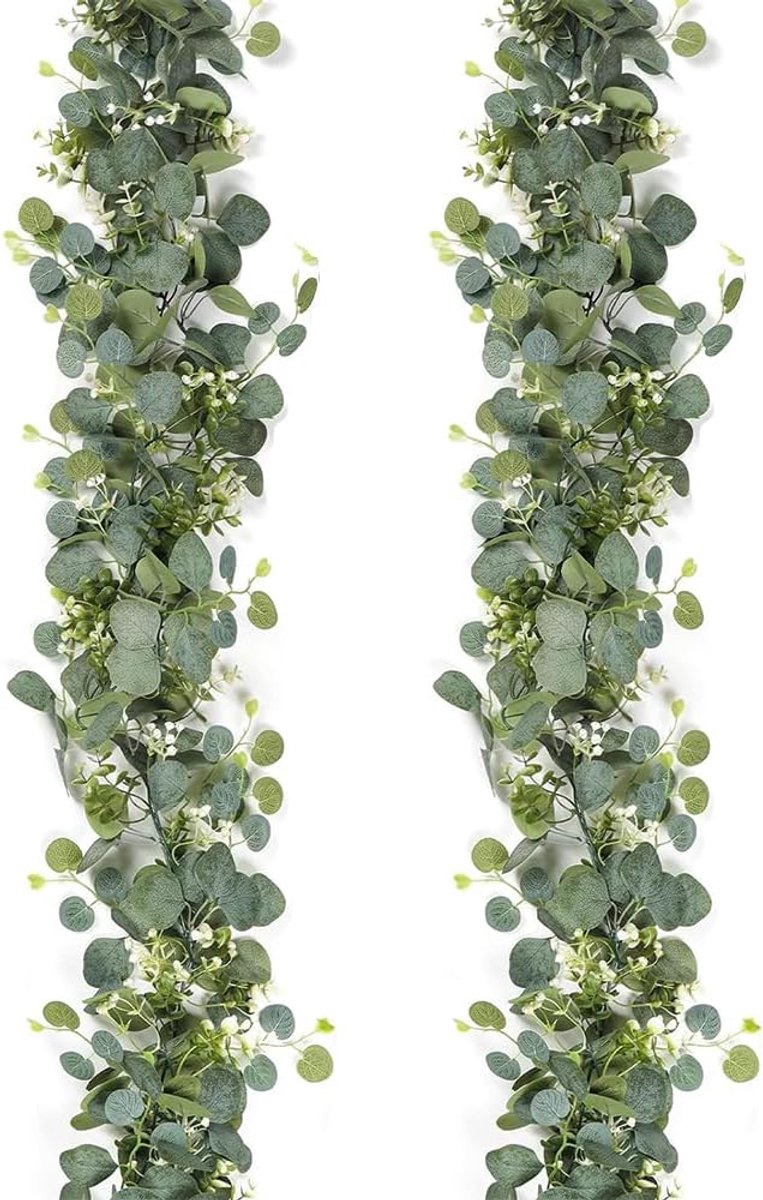SnelShoppen - Pack van 2 Eucalyptus Garland 1.8m Kunstplant met Witte Bloemen, Groene Bladeren voor Tafel- en Bruiloftdecoratie, Kunstbloemen binnen e