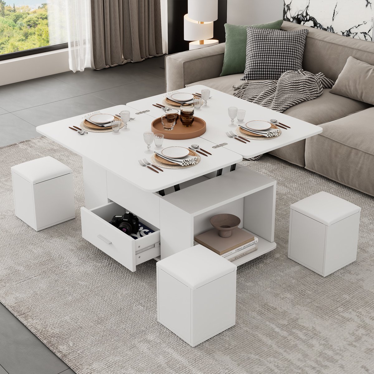 COVREO Hoogteverstelbare salontafel 100x50 cm wit, uitklapbaar, met lades en 4 hockers