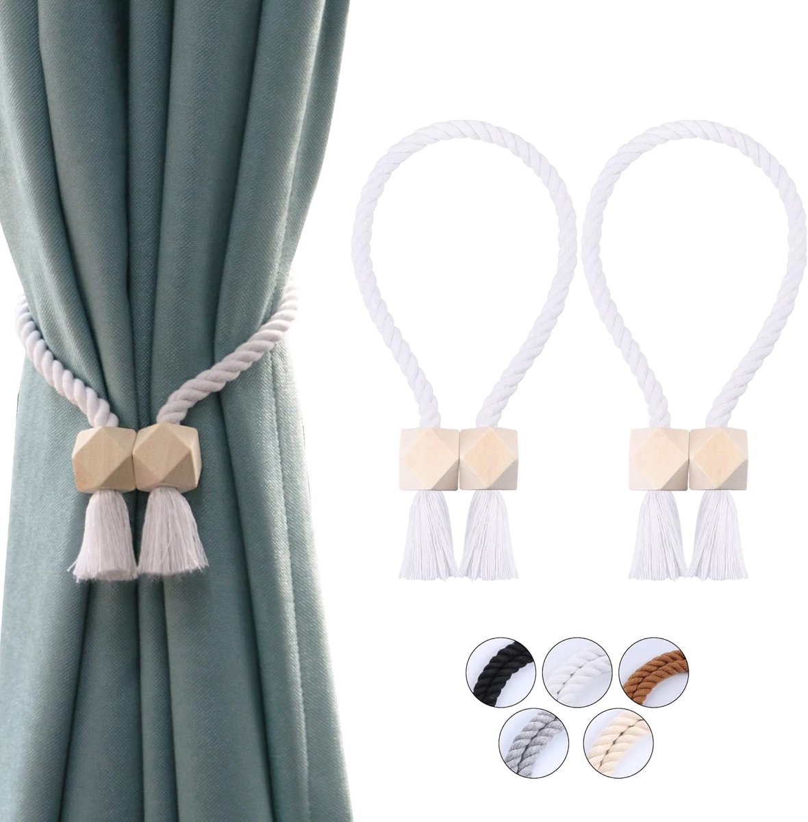 SnelShoppen - 2 Packs Magnetische Gordijn Ties Clips - Handgeweven Katoenen Gordijnen Houders (Wit) - Sterke, Roestvrije Magneetsluitingen voor Thuis,