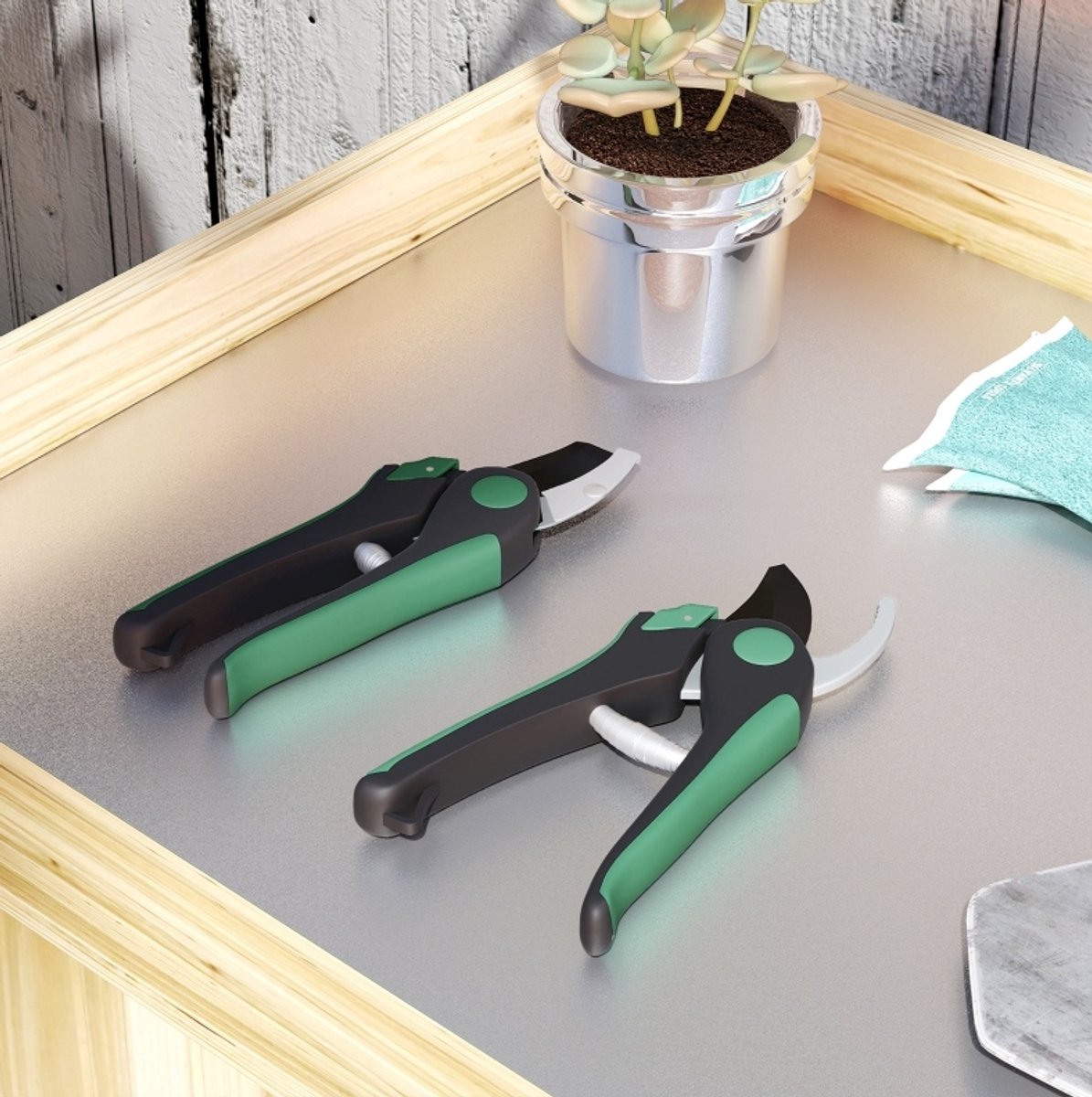 COVREO Snoeischaar set 2-delig 20 x 6 x 2 en 21 x 6 x 2 cm groen metaal met veiligheidsvergrendeling