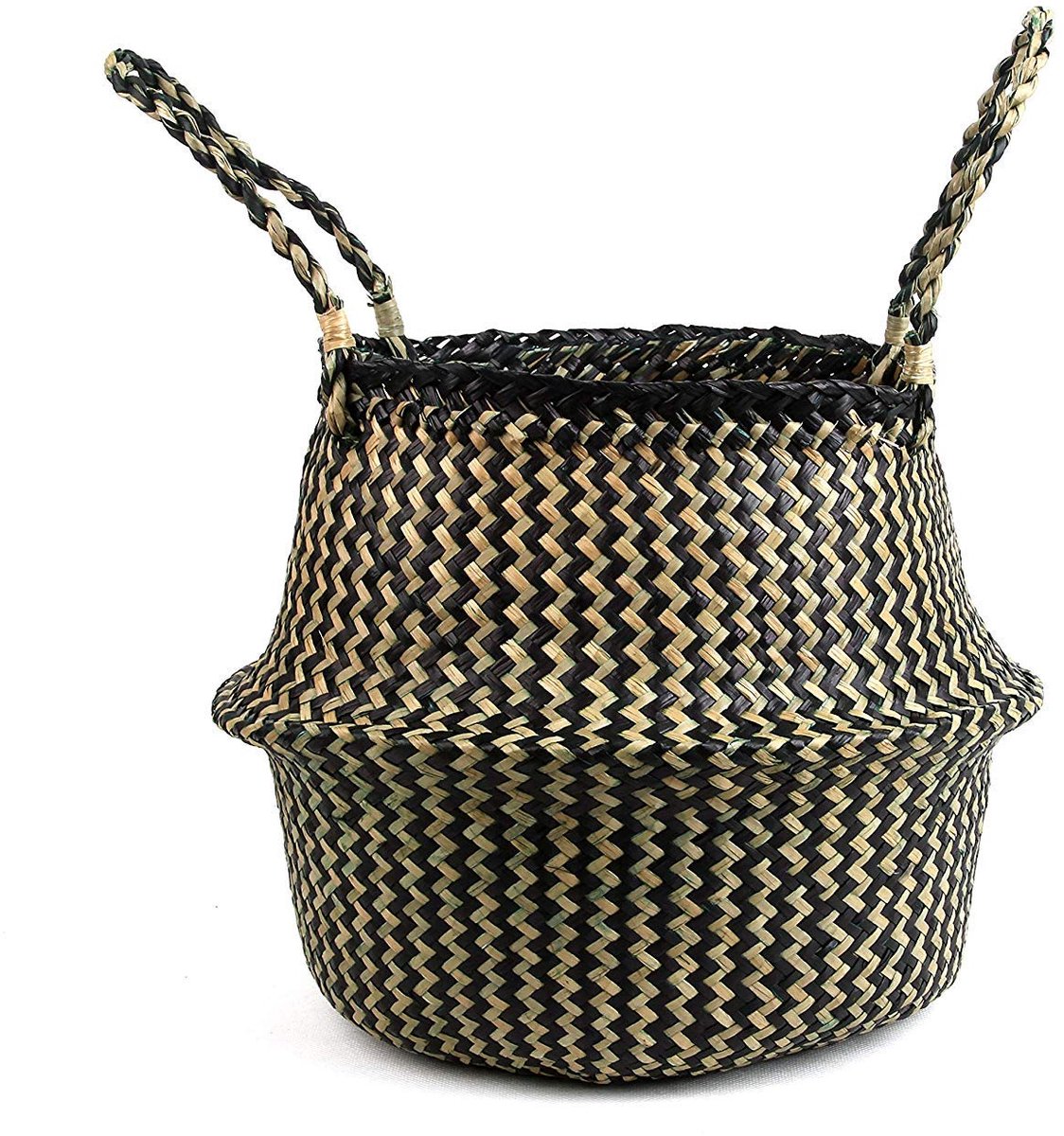 SnelShoppen - Buikmand van zeegras voor plantenpotten, wasmand, picknickmand of boodschappenmand, medium met zwarte strepen, duurzaam en stijlvol