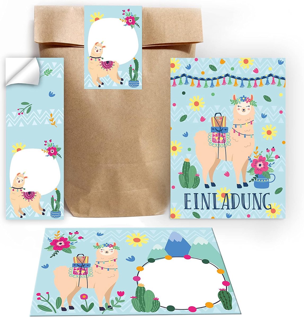 SnelShoppen - 12 Uitnodigingskaarten Kinderverjaardag Meisje Llama inclusief 12 Enveloppen, 12 Cadeautasjes en 12 Stickers - Feestelijke Uitnodigingen