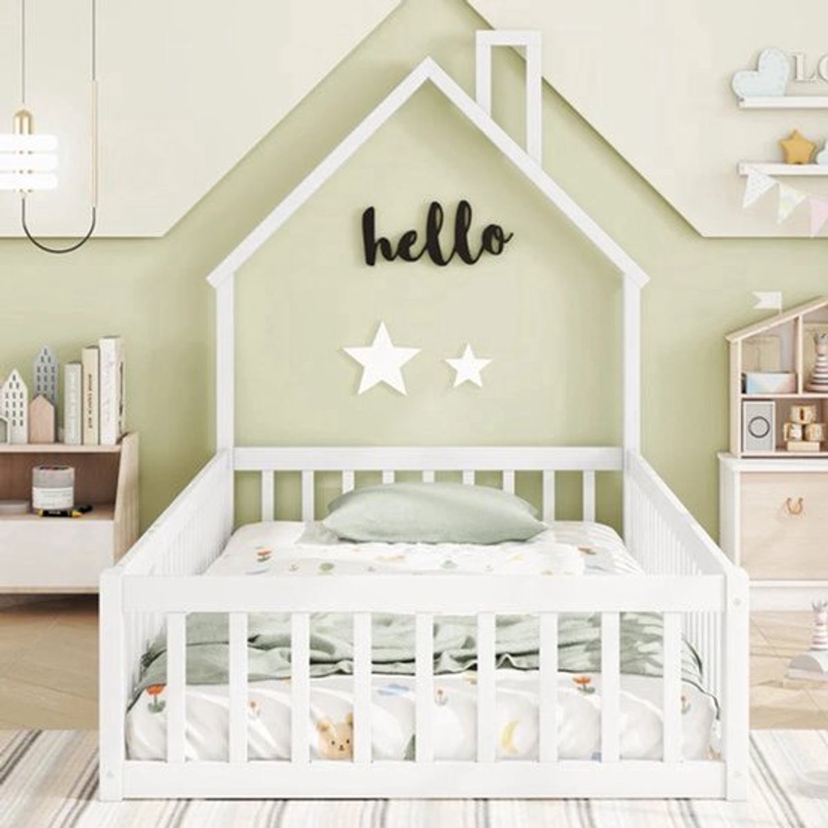 Kinderbed Tweepersoonsbed - Bed in Huis Design met Schoorsteen - Massief Houten - Bed met