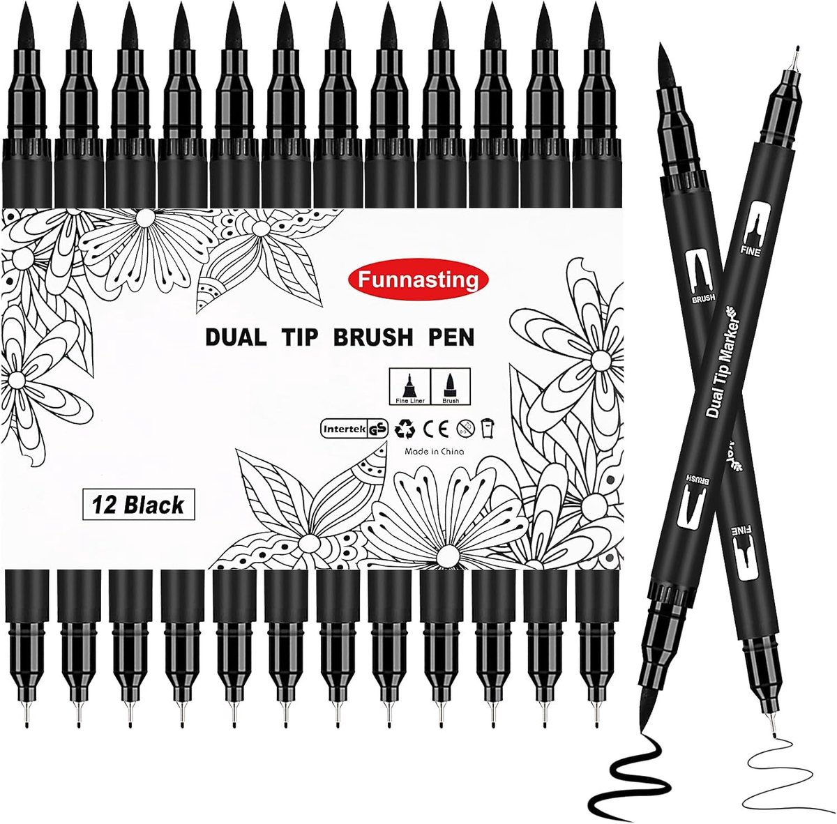 SnelShoppen - 12 stuks viltstiften, zwarte fineliner set, dual brush pen, zwarte marker voor kunstenaars, illustreren, schetsen, technisch tekenen