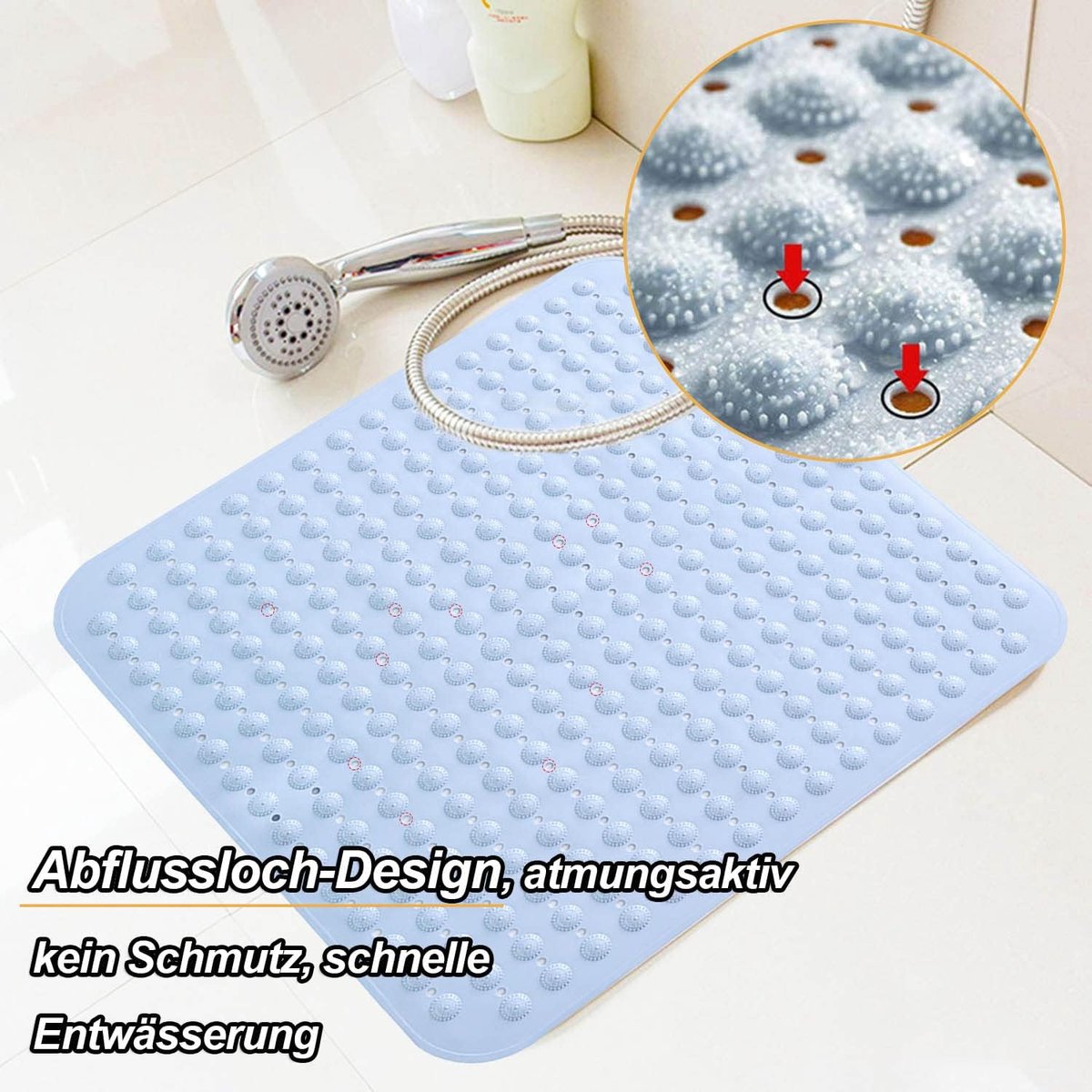 SnelShoppen - 48 x 48 cm Douchemat, Antislipmat met Zuignappen, Machinewasbare Vierkante Mat, Lichtblauw, Geschikt voor Badkamer, Hotel en Thuis