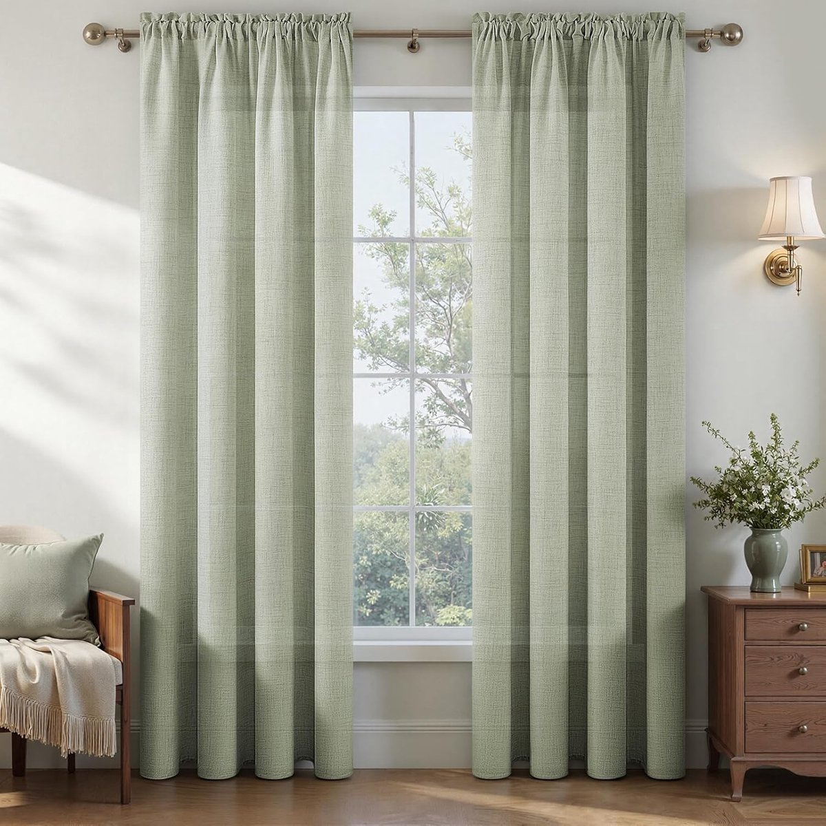 SnelShoppen - Moderne Linnen Gordijnen Set van 2, Saliegroen, Semi-Transparant, 140 cm x 225 cm, Perfect voor Woonkamer, Slaapkamer en Binnendecoratie