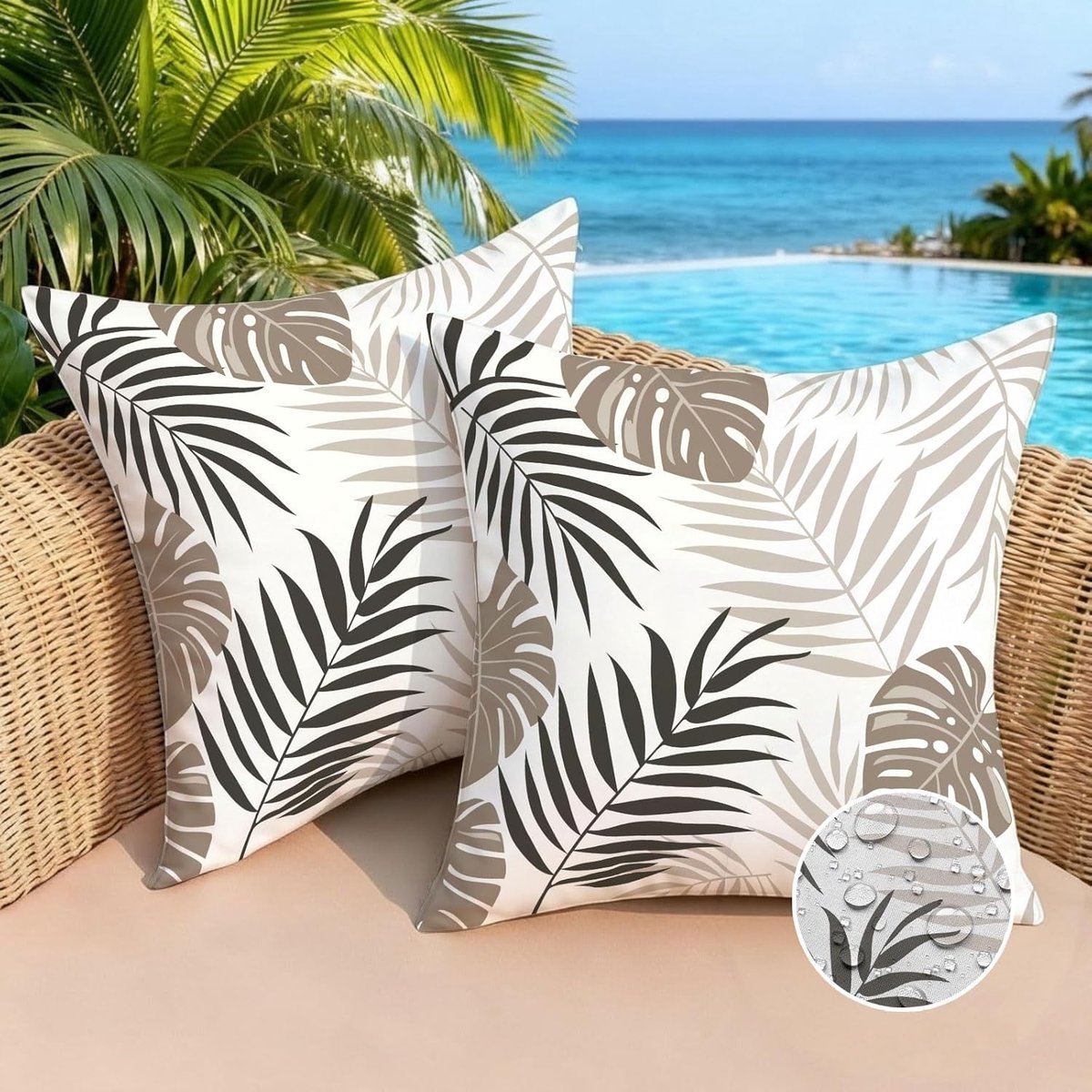 SnelShoppen - Outdoor Kussenhoezen Waterdicht 50 x 50 cm Beige Decoratieve Kussens voor Tuin, Patio, Woonkamer - Tropische Bladeren Set van 2