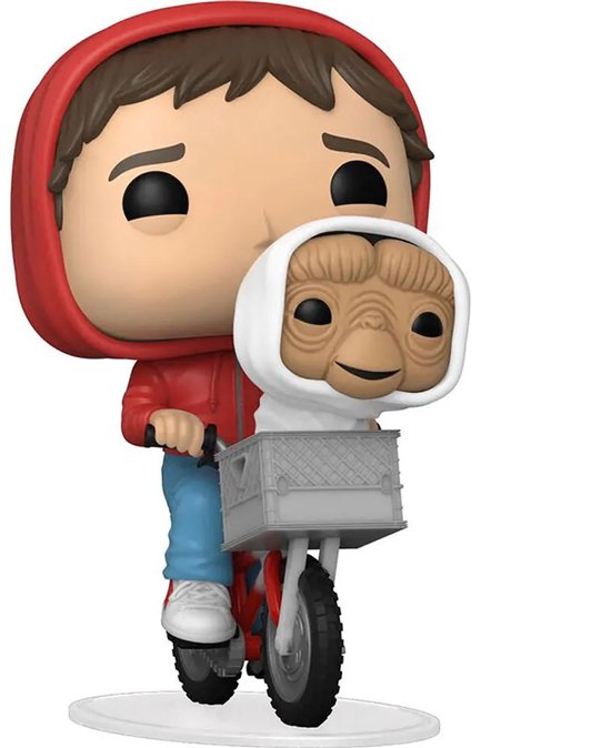 Pop-figuur van Elliott met rode hoodie en E.T. in een mandje op een fiets.