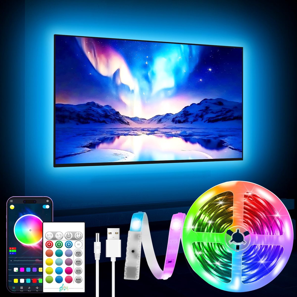 SnelShoppen - Ledverlichting voor tv 40-65 inch - RGB Lichtstrip 13,1 ft met Bluetooth voor Thuisbioscoop, Gaming, Feesten en Sfeerverlichting