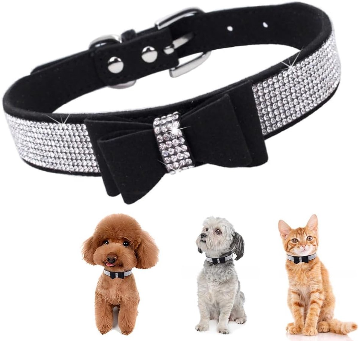 SnelShoppen - Rhinestone Hondenhalsband - Schattige Sprankelende Zachte Suède Leren Hondenhalsband met Kristallen - Diverse Maten en Kleur Zwart voor