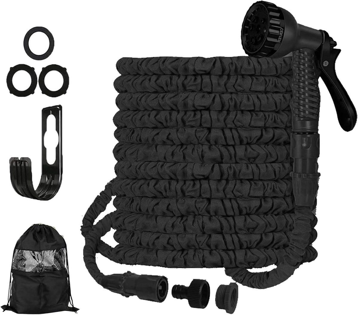 SnelShoppen - Tuinslang Uittrekbaar 7.5m, 15m, 22.5m, 30m, Flexibel met Spraygun, 7 Functies, Zwart voor Tuin, Auto en Huisdieren