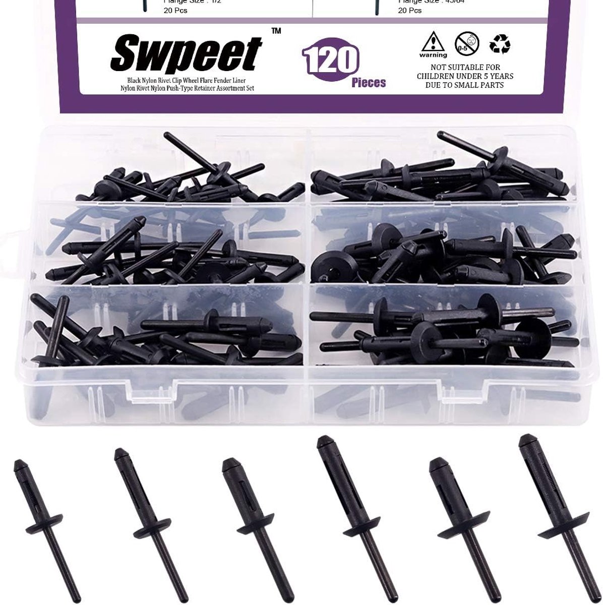 SnelShoppen - 120pcs Nylon Universele Rivet Assortiment Kit - Diverse Maten - Zwart - Voor Jeep Wrangler, Chrysler 300, Dodge Avenger - Handige Clips