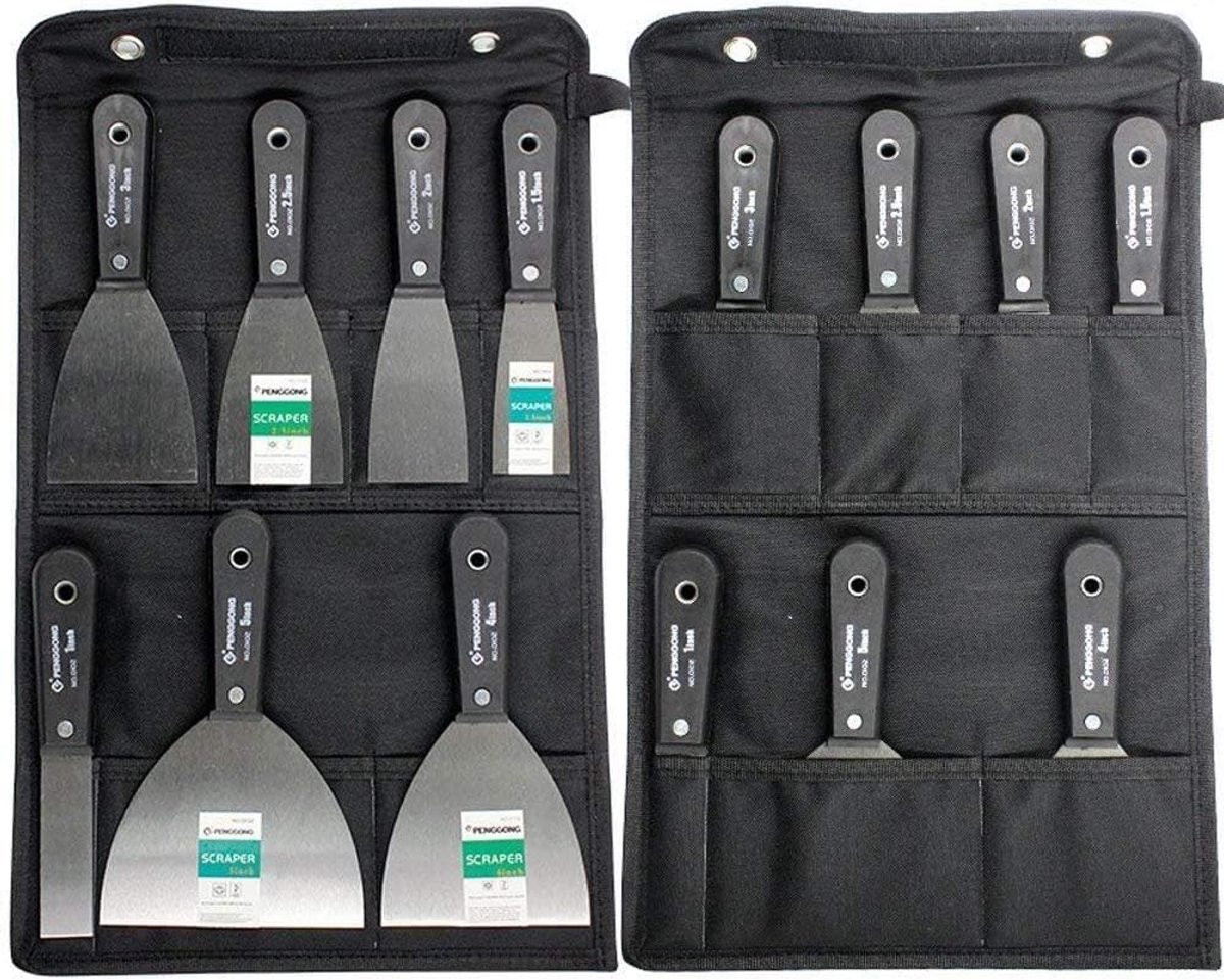 SnelShoppen - Scraper Spatula Set van 7 Stuks met Vulmes, 50# Staal Plamuurmessen, Wandverf Schrapers met Antislip Handvat en Opbergtas