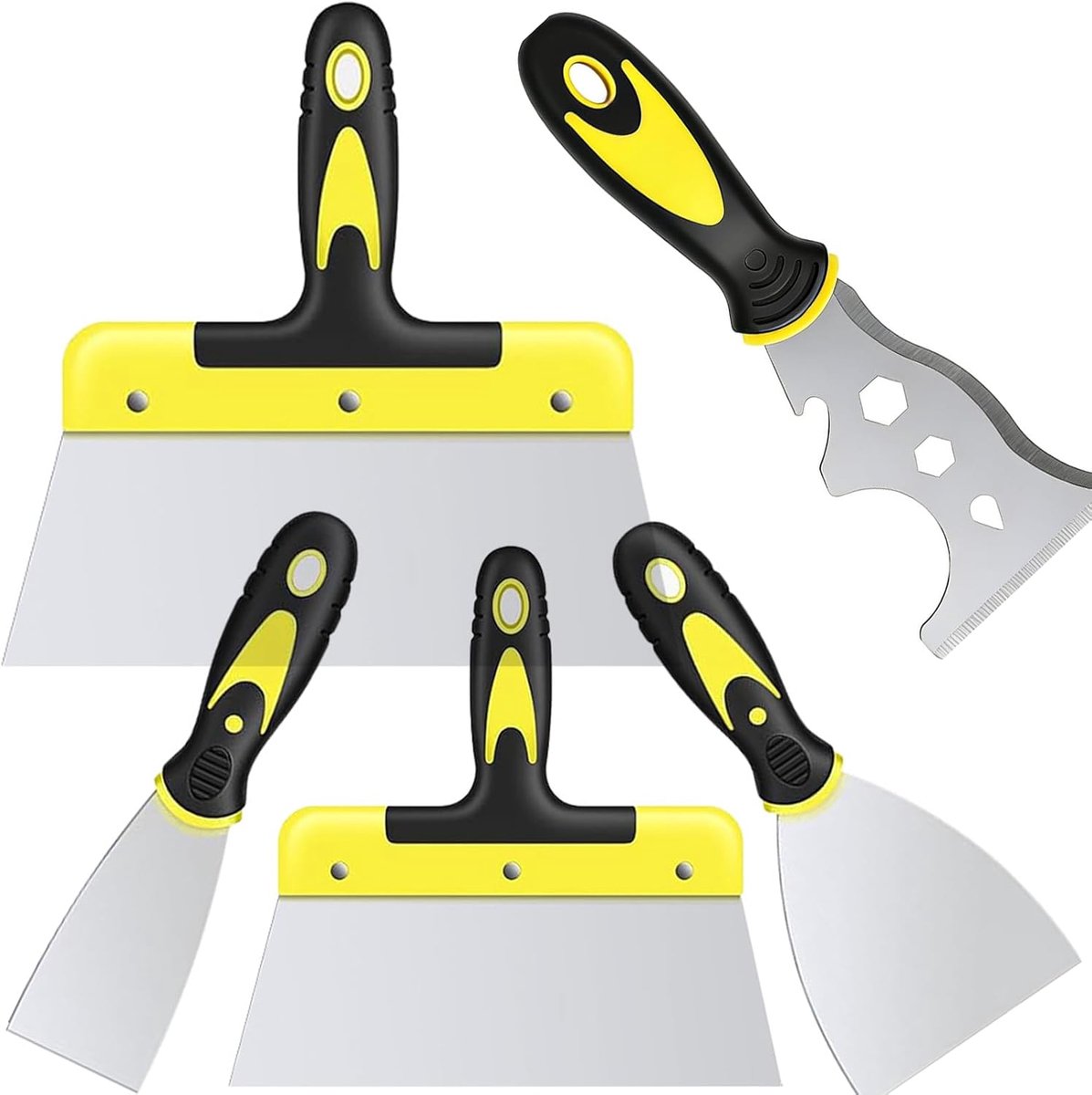 SnelShoppen - Set van 5 Spatula's voor Stucwerk en Schilderen, Roestvrij Staal, Met Kunststof Handvat, Inclusief 4 Verf Schrapers en 1 Multi-Scraper,