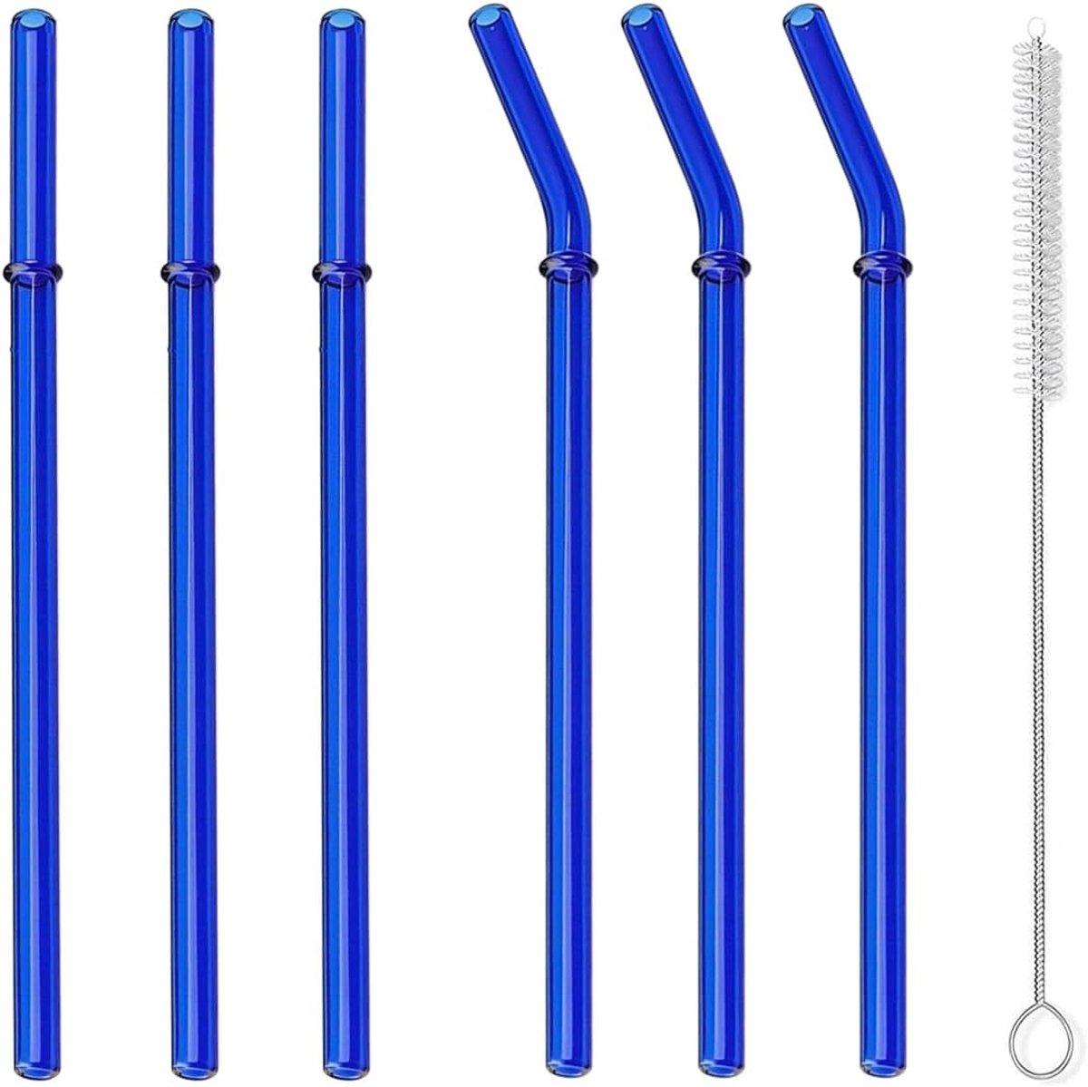 SnelShoppen - 6 Stuks Herbruikbare Rietjes van Borosilicaatglas - Hittebestendig, Milieuvriendelijk, Perfect voor Warme en Koude Dranken - Blauw - Ide