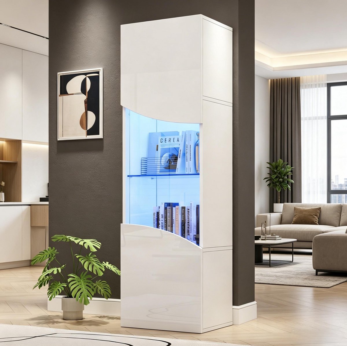COVREO Vitrinekast 35x50x165 cm - wit hoogglans, gehard glas, 4 niveaus met LED-verlichting