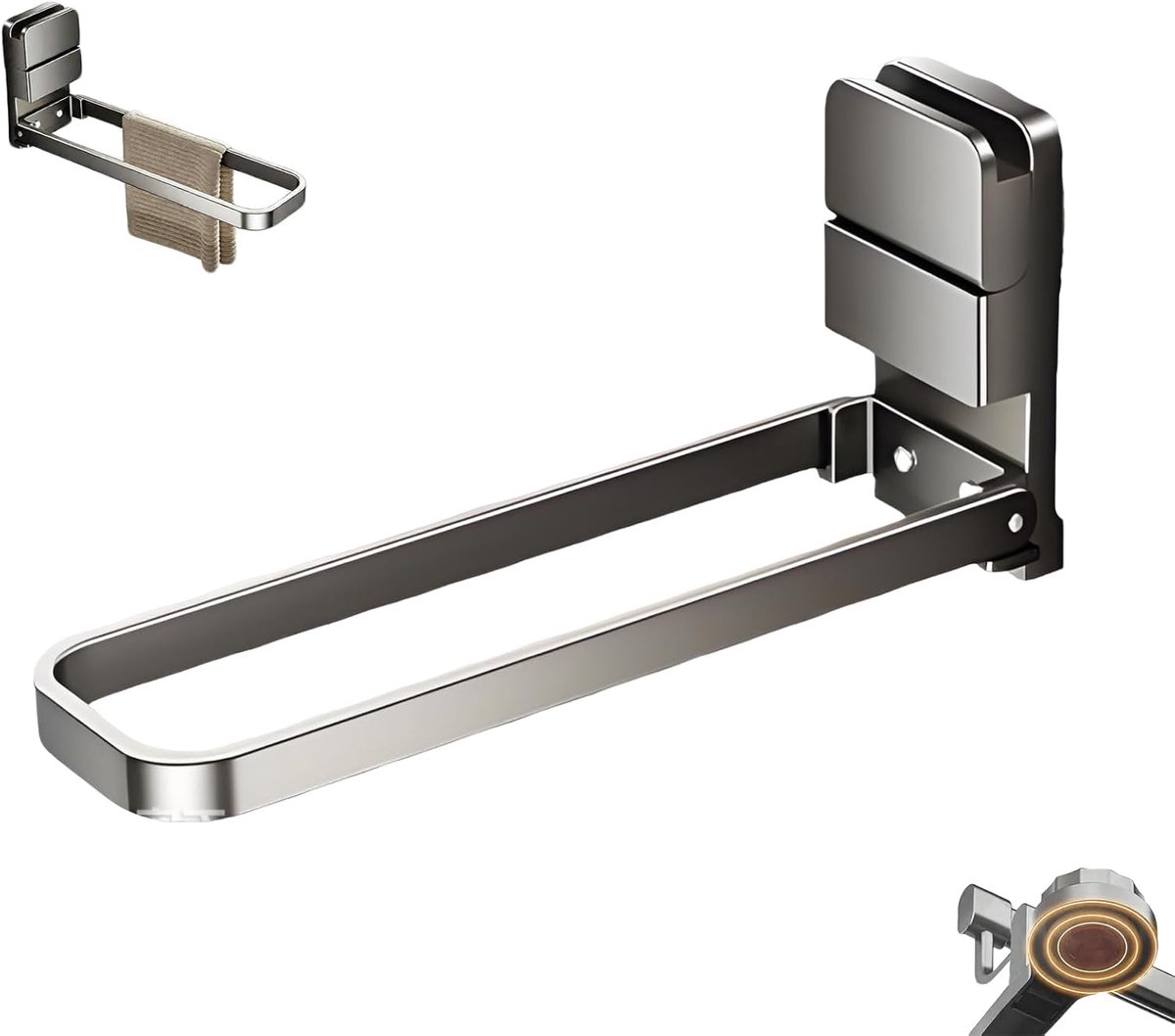SnelShoppen - Badkamerhanddoekhouder zonder boren, inklapbaar, 21 cm, 90 graden draaibaar, moderne zuignap handdoekhouder voor badkamer en keuken, gri