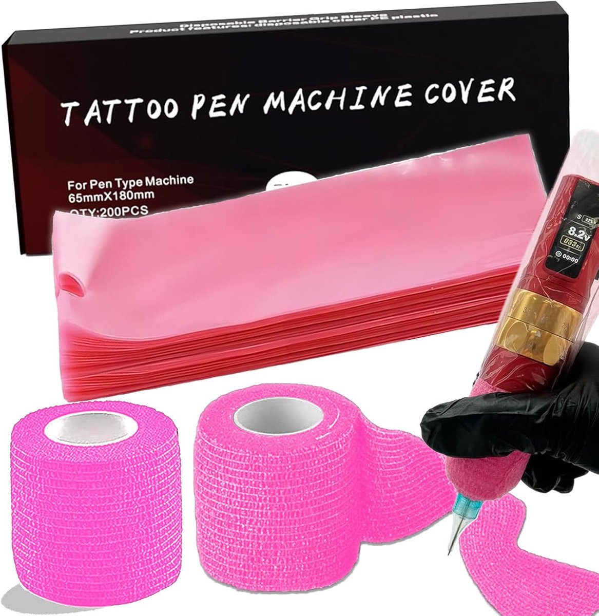 SnelShoppen - 202 Delen Tattoo Accessoires Set - 200 Disposable Pen Covers + 2 Grip Tape voor Tattoo Machine - Professioneel, Ademend, Zweetbestendig