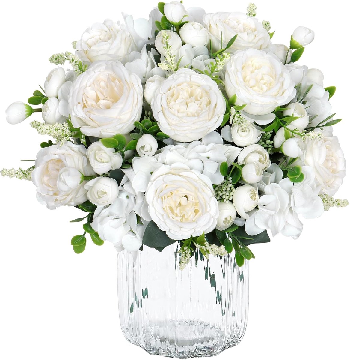 SnelShoppen - 4 Bundels Witte Kunstbloemen Pioenrozen Boeket - Silk Peonies voor Bruiloft, Feest, Tafeldecoratie, Thuisdecoratie - 31 cm Hoog