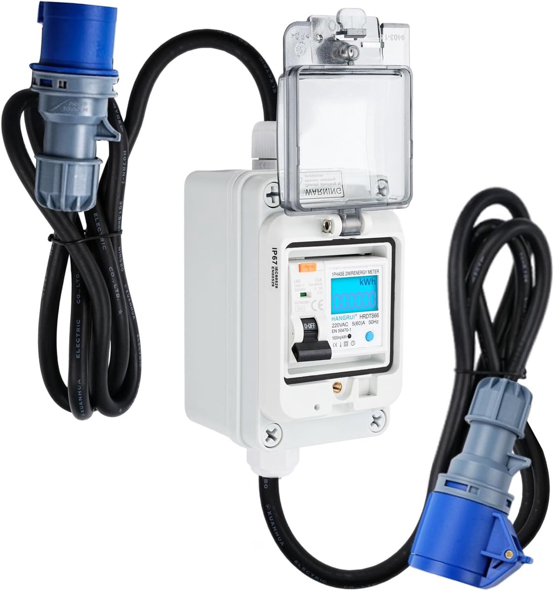 SnelShoppen - Mobiele Digitale Stroommeter 230 V, 60 A, Veiligheidsschakelaar Type A 16 A, CEE Stekker, LED Verlichting, 3 m Kabel, IP65 Waterdicht
