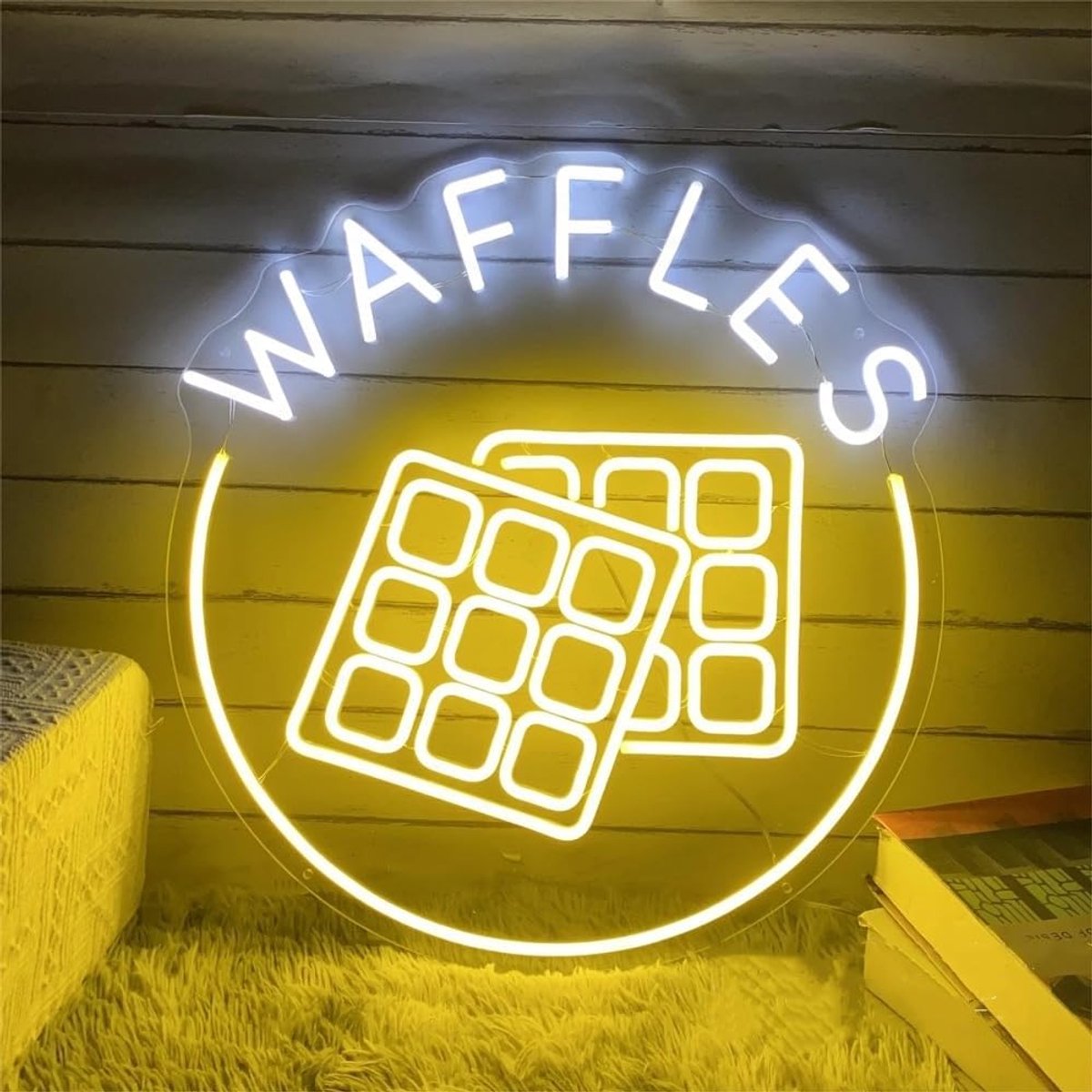 SnelShoppen - WAFFLES Neon Sign Gouden Wafel LED Neon Licht USB Dimbaar Retro Fast Food Verlichting voor Keuken, Restaurant, Cafe Bar, Bakkerij, Desse