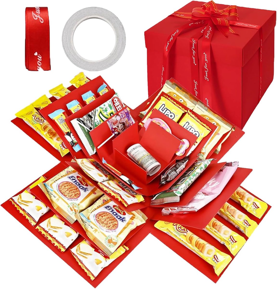SnelShoppen - Surprise Box - 5 Laags Creatieve Explosie Doos - Multifunctionele Cadeau Doos met Plakband - Rood - Voor Verjaardag, Kerst, Valentijn, H