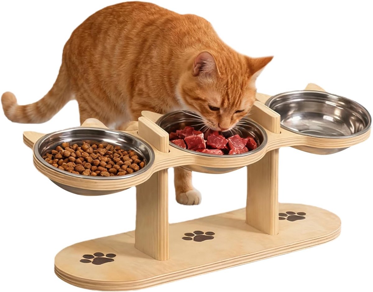 SnelShoppen - Verhoogde Kattenbak Hoogte Verstelbare Voederstation met 3 RVS Schalen - 3-in-1 Kattenvoeder voor Kleine Honden met Houten Stand - 15 Gr