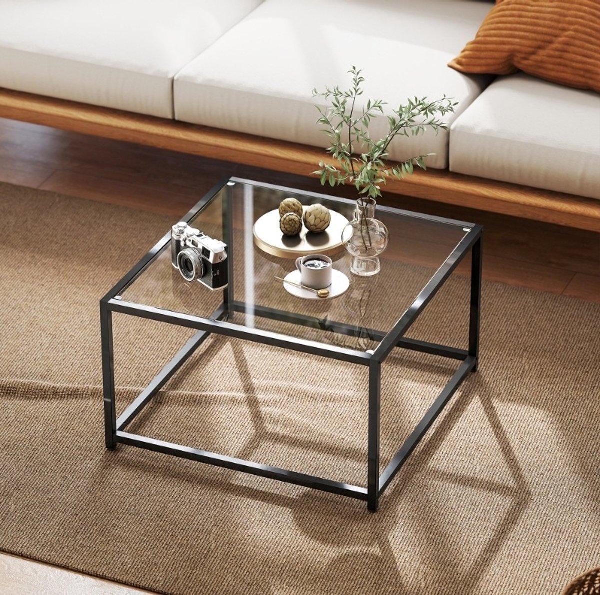 COVREO Salontafel 68 x 68 x 39 cm zwart met gehard glazen blad en stalen frame